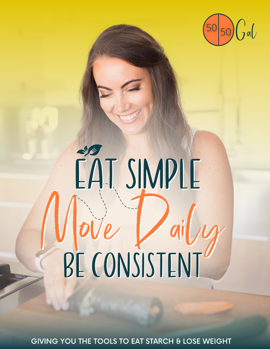 Eat Simple, Move Daily, Be Consistent fullandfulfilled 50 50 plate 50/50 bowl starch solution McDougall Program 5050 diet wfpb vegan plant based E-Download fullandfulfilled